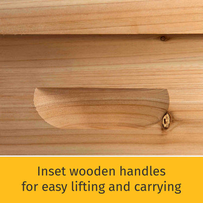 langstroth bee hive for sake showing wooden handles for honey bee hive